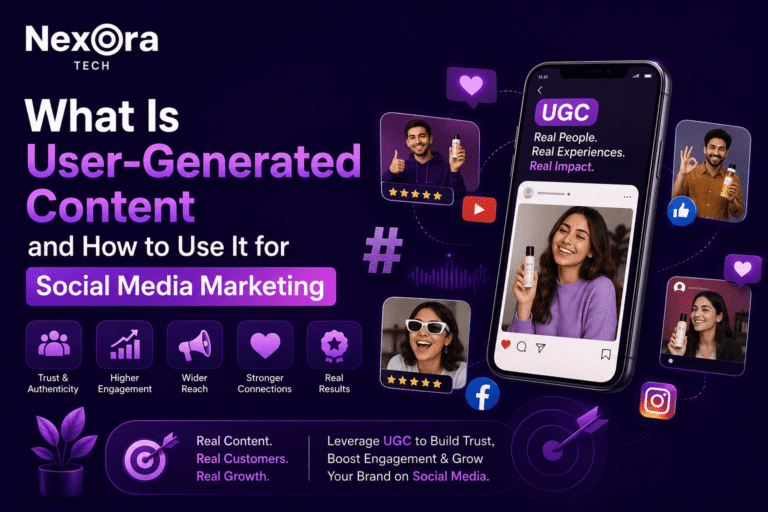 What is User-Generated Content and how to use UGC social media marketing for engagement, trust, and social media growth by NexOra Tech Digital
