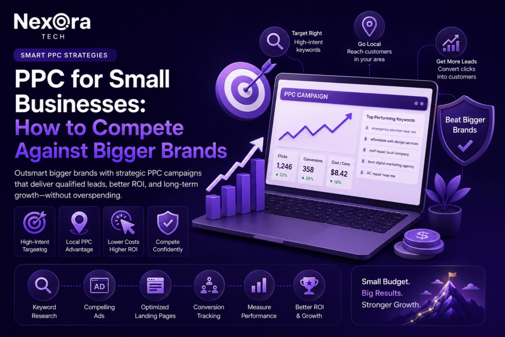 Digital marketing illustration for PPC for Small Businesses featuring keyword research, local targeting, conversion tracking, ROI optimization, and lead generation strategies to outperform larger competitors.