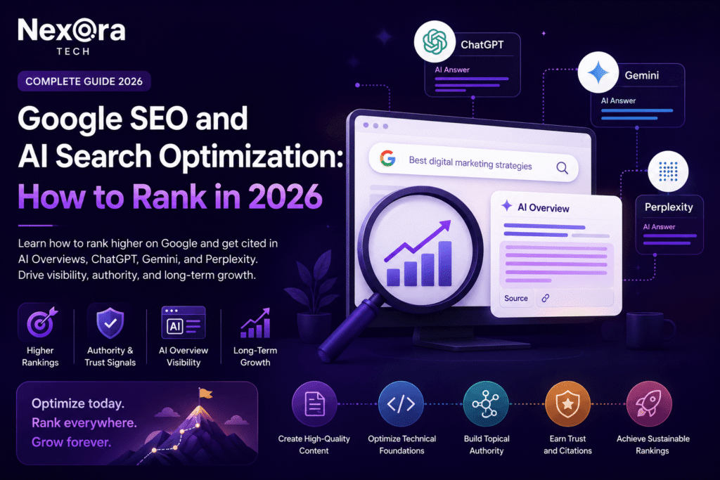 Google SEO and AI Search Optimization guide for ranking in Google AI Overviews, ChatGPT, Gemini, and Perplexity in 2026.