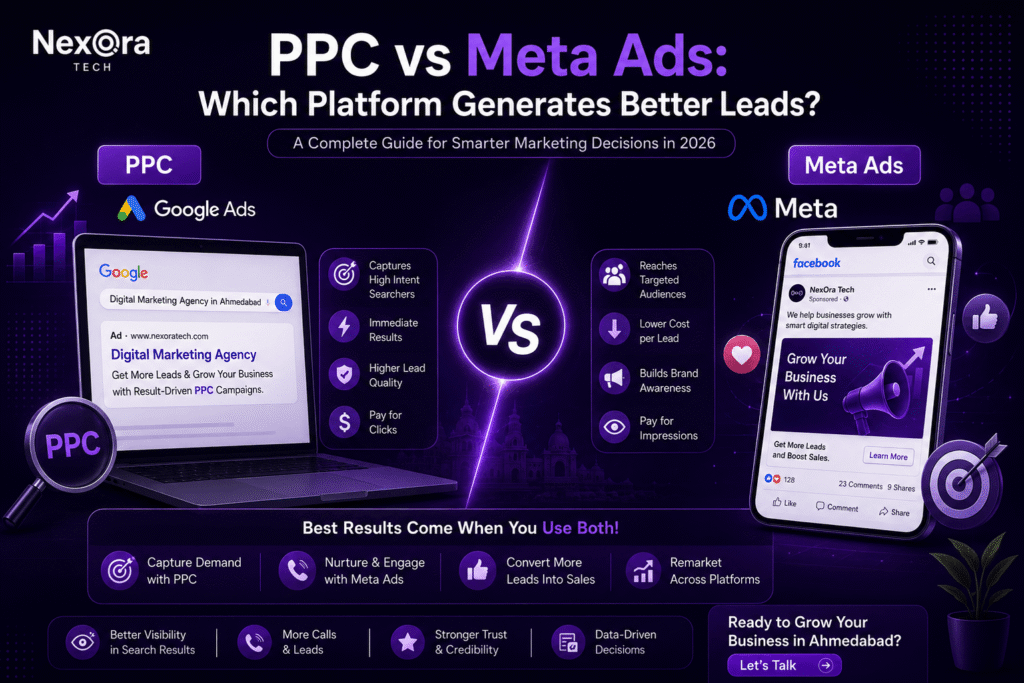 Comparison of PPC vs Meta Ads showing lead generation, targeting, cost, and ROI for businesses.