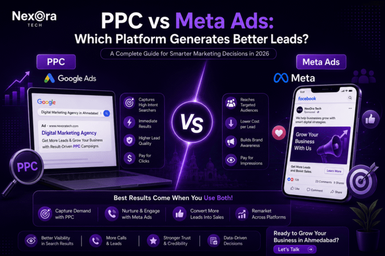 Comparison of PPC vs Meta Ads showing lead generation, targeting, cost, and ROI for businesses.