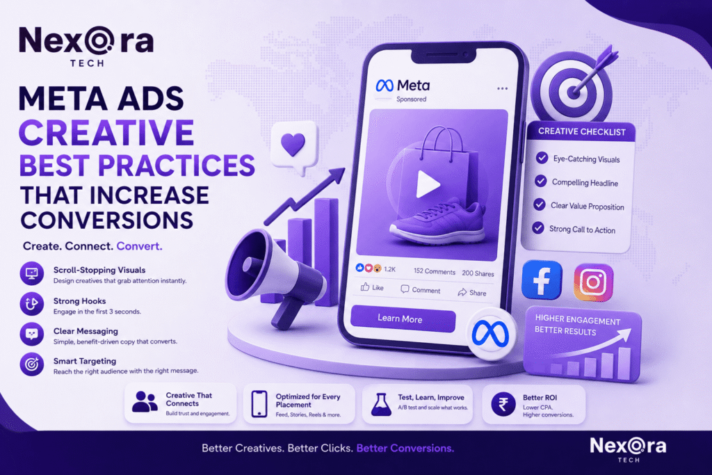Meta Ads creative best practices illustration by NexOra Tech featuring a smartphone ad mockup, scroll-stopping visuals, strong hooks, clear messaging, smart targeting, creative testing, optimized placements, higher engagement, and better conversions.