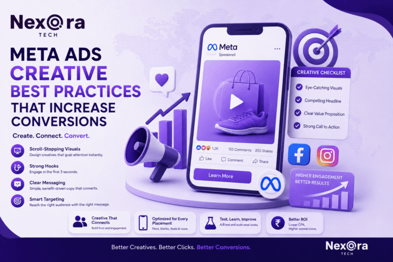 Meta Ads creative best practices illustration by NexOra Tech featuring a smartphone ad mockup, scroll-stopping visuals, strong hooks, clear messaging, smart targeting, creative testing, optimized placements, higher engagement, and better conversions.