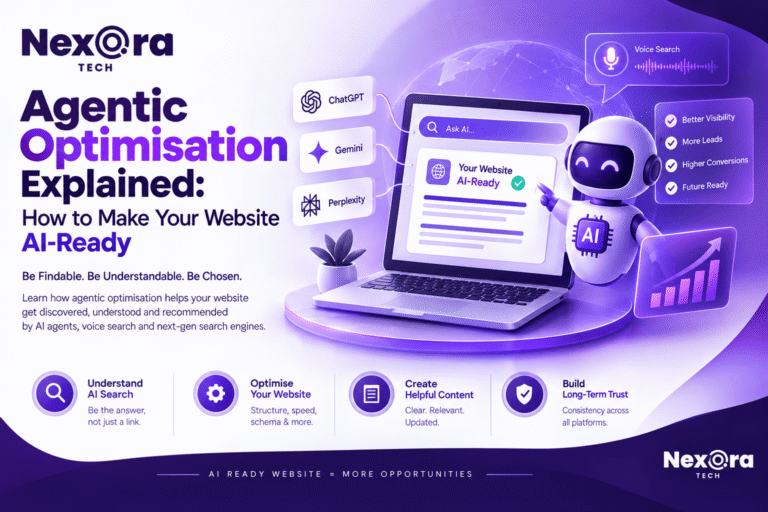 AI agent visibility and AI-ready website optimization concept showing AI agents, search visibility, machine-readable content, and digital growth.